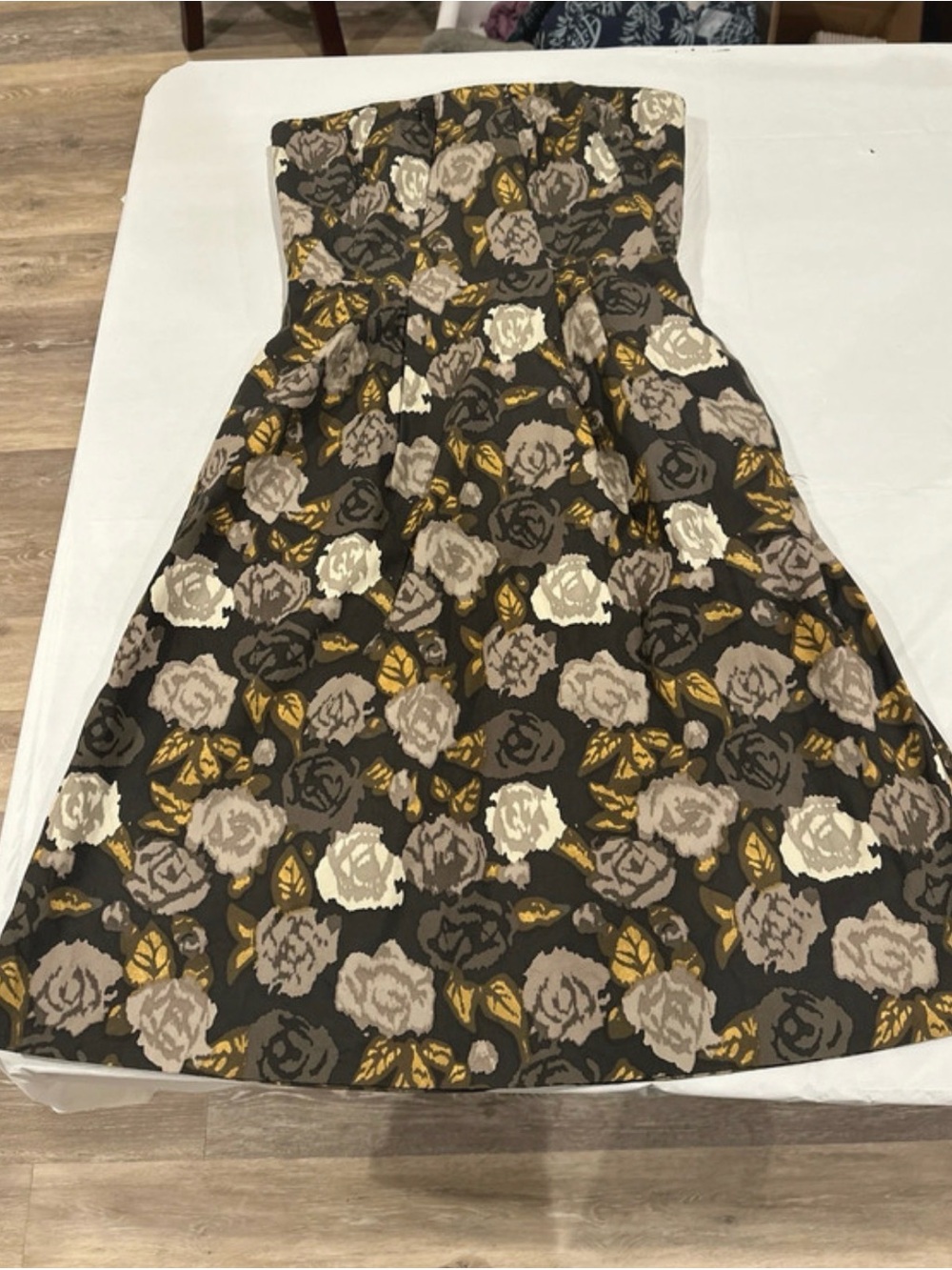 J. Crew Black Floral Strapless Dress with Cream and Mustard Accents